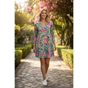 Lilly Pulitzer 3/4-Sleeve Cotton Floral Garden Party V-Neck Knit Dress  Size XS